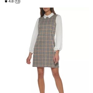Tommy Hilfiger Multicolor Plaid Shift Dress White Blouson Satin Sleeves Size 10